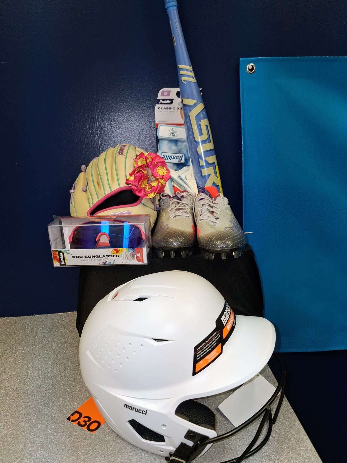 Softball equipment on a table